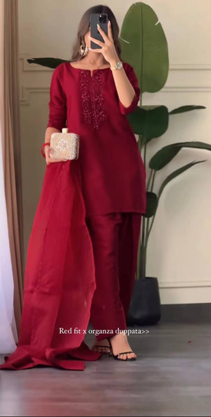 Elegant Red Straight Suit Set with Organza Dupatta