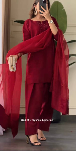 Elegant Red Straight Suit Set with Organza Dupatta