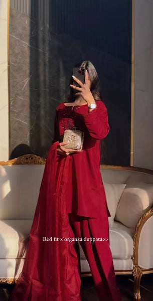 Elegant Red Straight Suit Set with Organza Dupatta