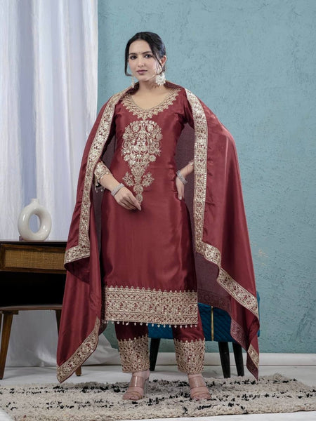 Scarlet Grace: Embroidered Red Silk Salwar Suit