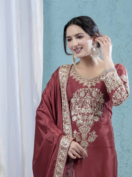 Scarlet Grace: Embroidered Red Silk Salwar Suit