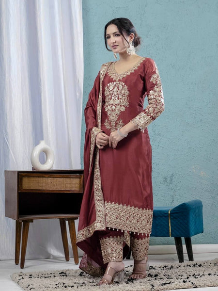 Scarlet Grace: Embroidered Red Silk Salwar Suit