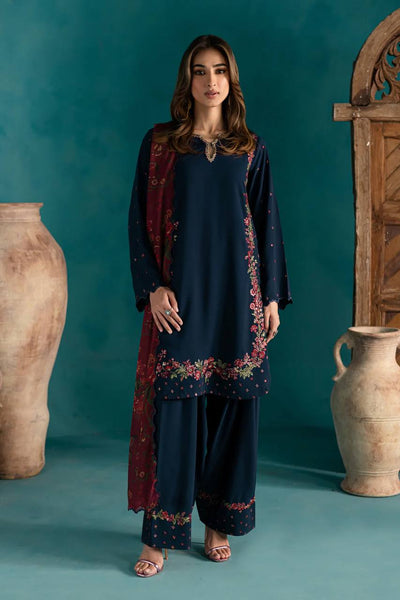 Elegant Navy Blue Embroidered Farsi Suit for Women