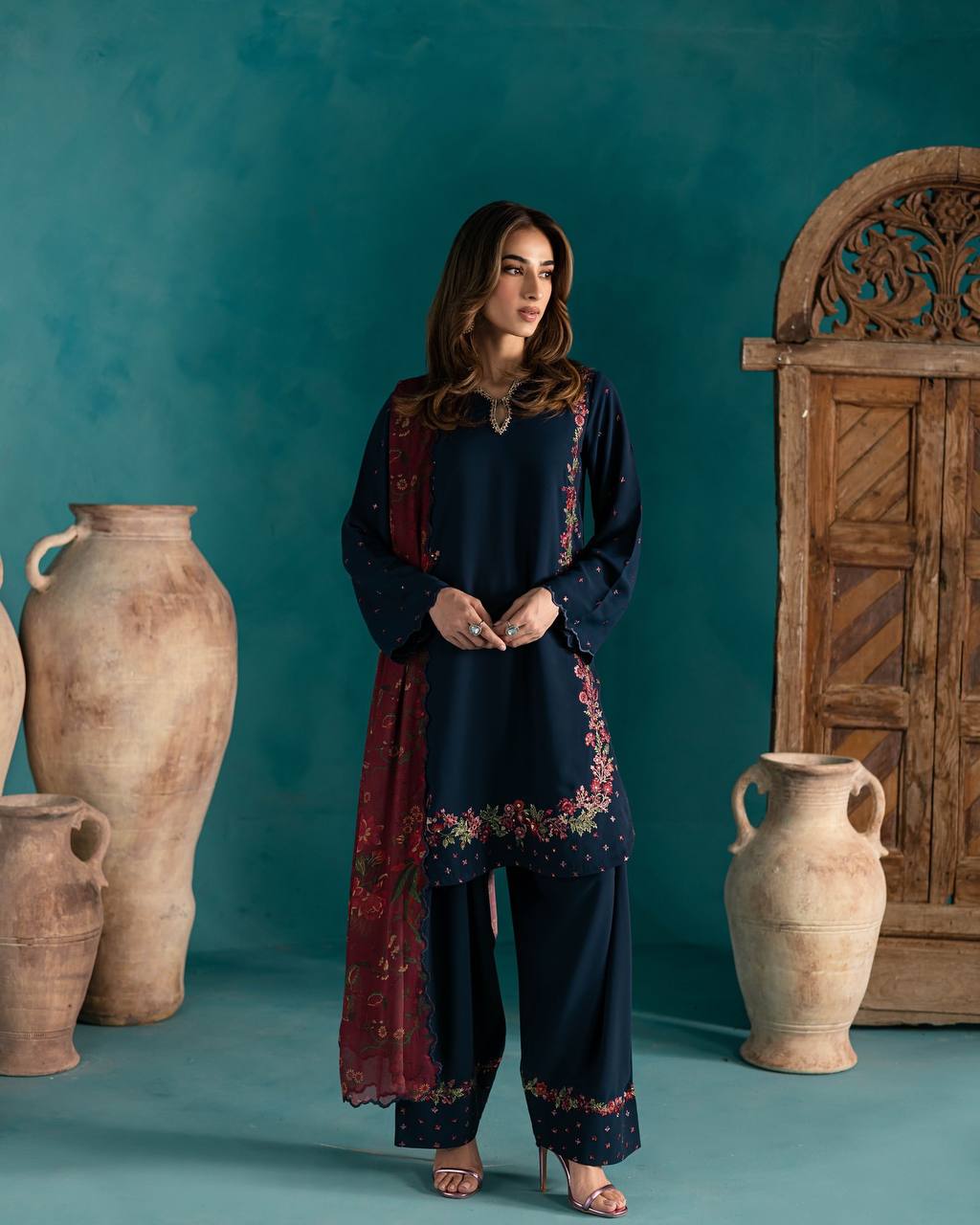 Elegant Navy Blue Embroidered Farsi Suit for Women