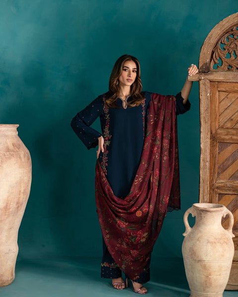 Elegant Navy Blue Embroidered Farsi Suit for Women