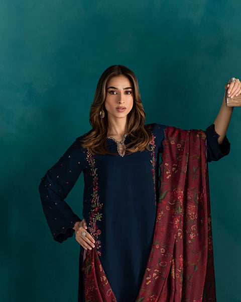 Elegant Navy Blue Embroidered Farsi Suit for Women