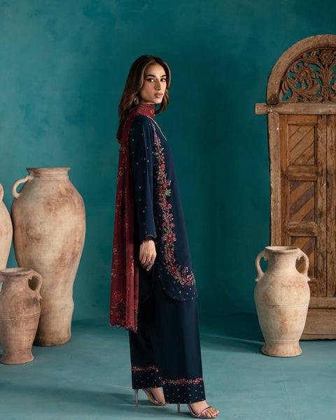 Elegant Navy Blue Embroidered Farsi Suit for Women