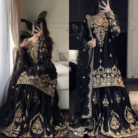 Elegant Black Georgette Sharara Suit with Embroidered Kurti and Dupatta