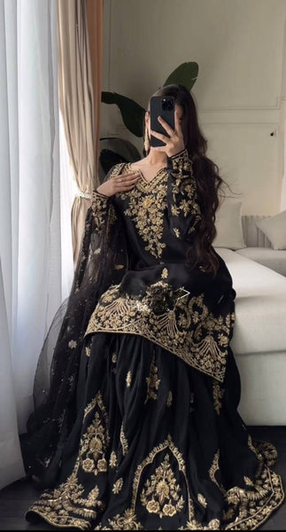 Elegant Black Georgette Sharara Suit with Embroidered Kurti and Dupatta