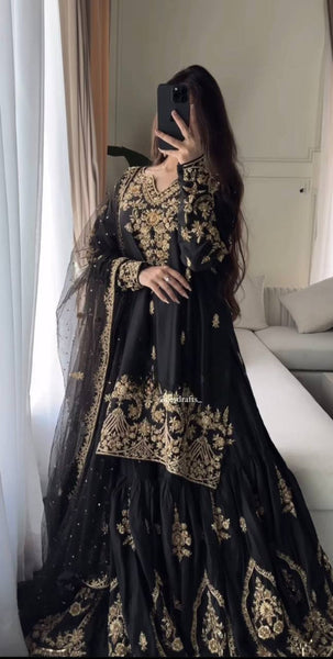 Elegant Black Georgette Sharara Suit with Embroidered Kurti and Dupatta