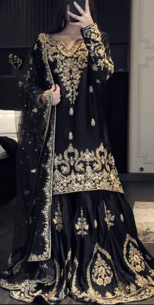 Elegant Black Georgette Sharara Suit with Embroidered Kurti and Dupatta