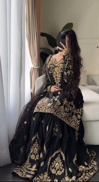 Elegant Black Georgette Sharara Suit with Embroidered Kurti and Dupatta