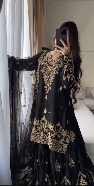 Elegant Black Georgette Sharara Suit with Embroidered Kurti and Dupatta