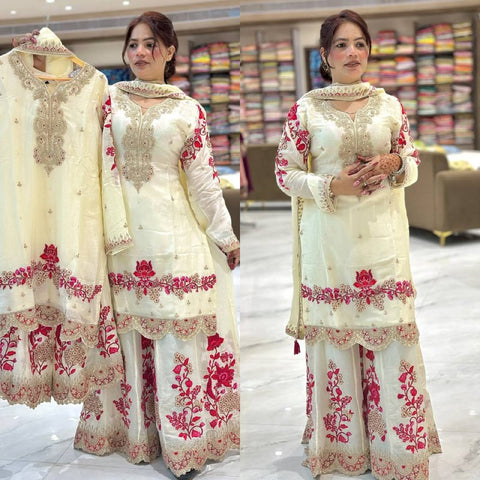 Elegant White & Pink Embroidered Sharara Suit