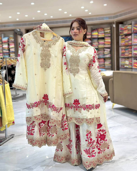 Elegant White & Pink Embroidered Sharara Suit