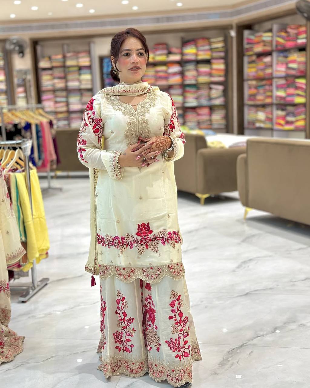 Elegant White & Pink Embroidered Sharara Suit