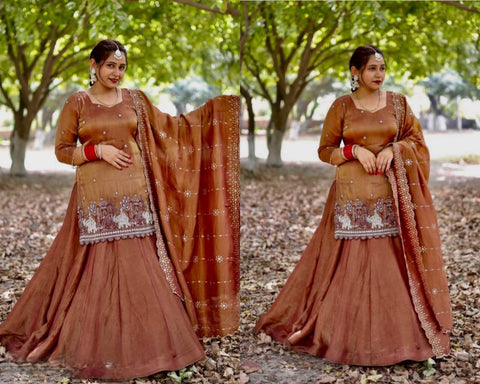 Elegant Brown Embroidered Lehenga Suit with Dupatta – Festive & Wedding Wear