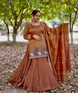 Elegant Brown Embroidered Lehenga Suit with Dupatta – Festive & Wedding Wear