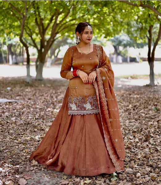 Elegant Brown Embroidered Lehenga Suit with Dupatta – Festive & Wedding Wear