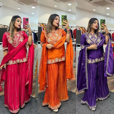 Elegant Embroidered Top Sharara Suit with Dupatta
