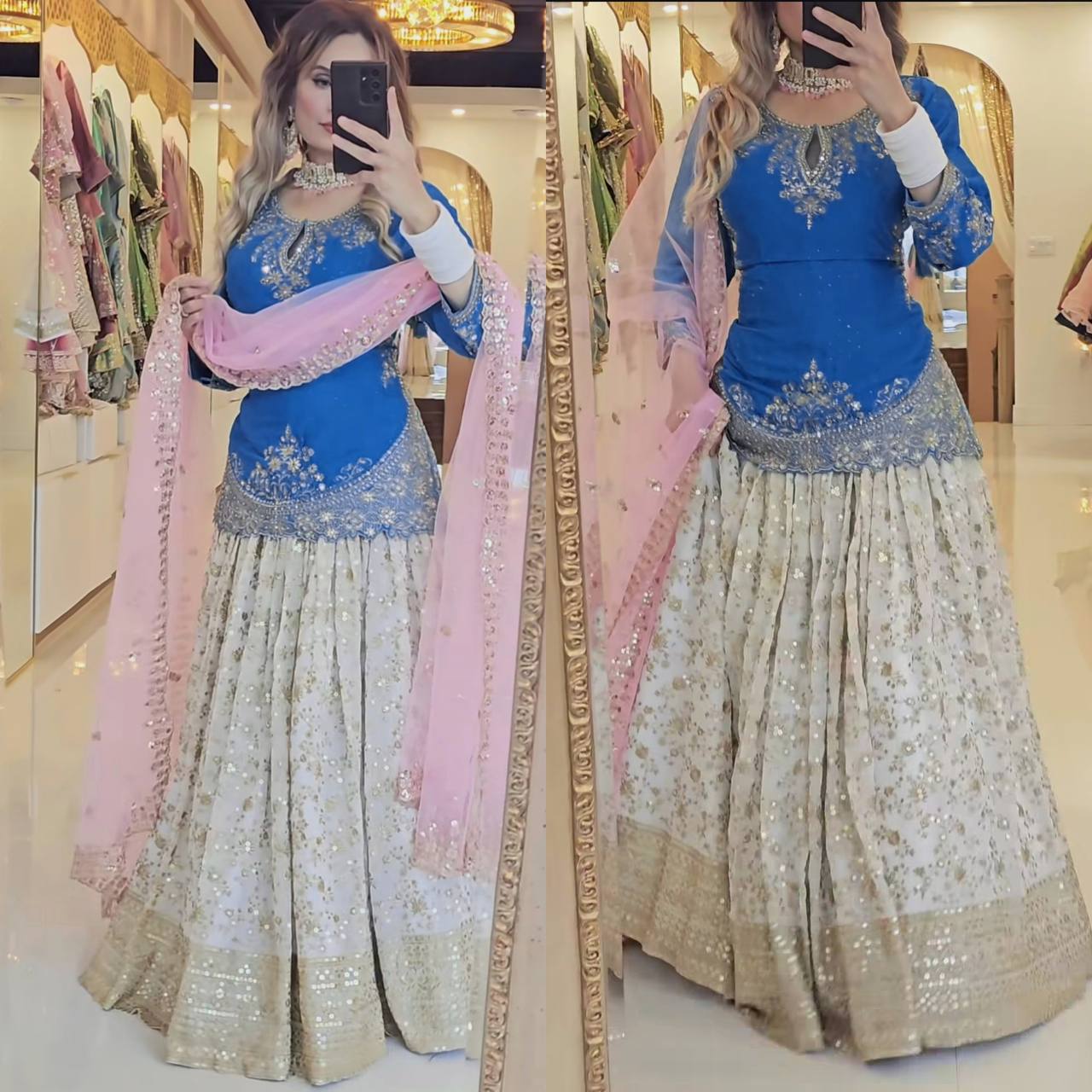 Elegant White Chinon Silk Lehenga Set