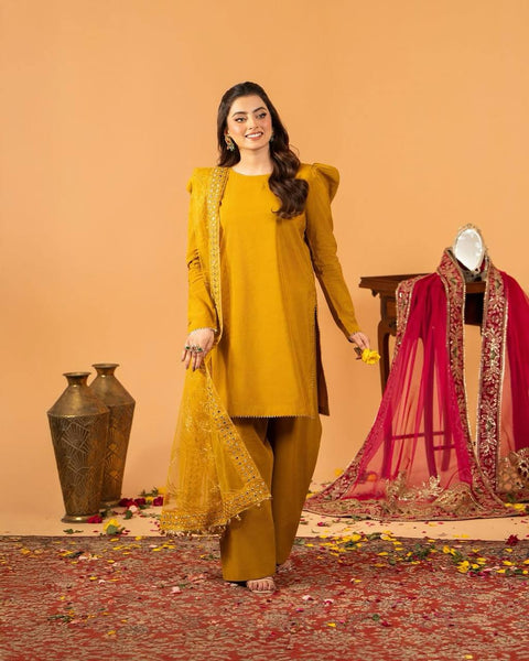 Stylish Plazzo Suit with Puff Sleeves and Net Dupatta