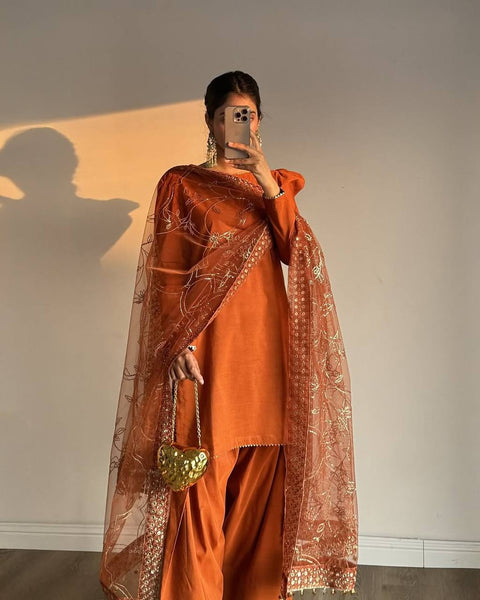 Stylish Plazzo Suit with Puff Sleeves and Net Dupatta