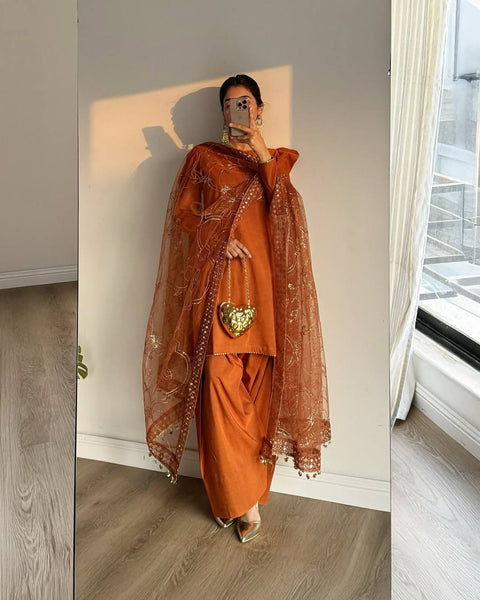 Stylish Plazzo Suit with Puff Sleeves and Net Dupatta