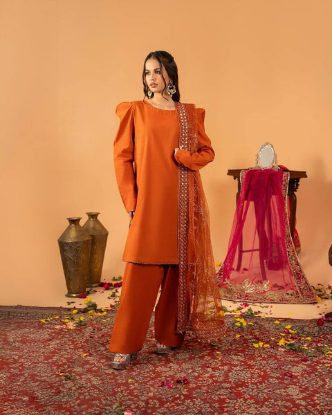 Stylish Plazzo Suit with Puff Sleeves and Net Dupatta