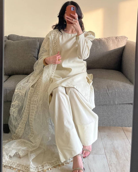 Stylish Plazzo Suit with Puff Sleeves and Net Dupatta