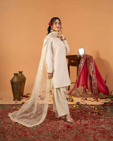Stylish Plazzo Suit with Puff Sleeves and Net Dupatta