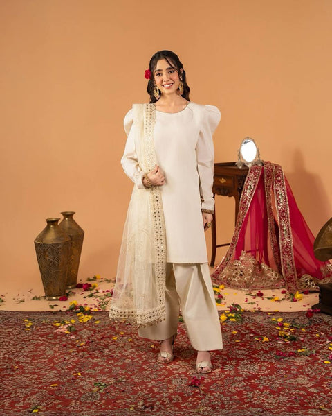 Stylish Plazzo Suit with Puff Sleeves and Net Dupatta