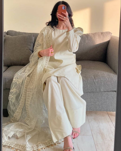 Stylish Plazzo Suit with Puff Sleeves and Net Dupatta