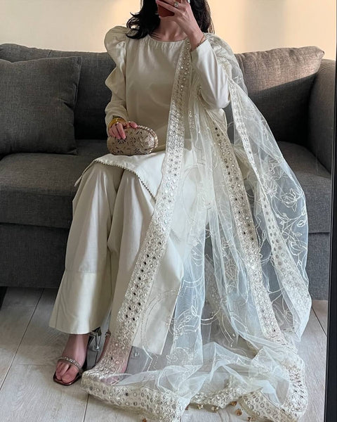 Stylish Plazzo Suit with Puff Sleeves and Net Dupatta