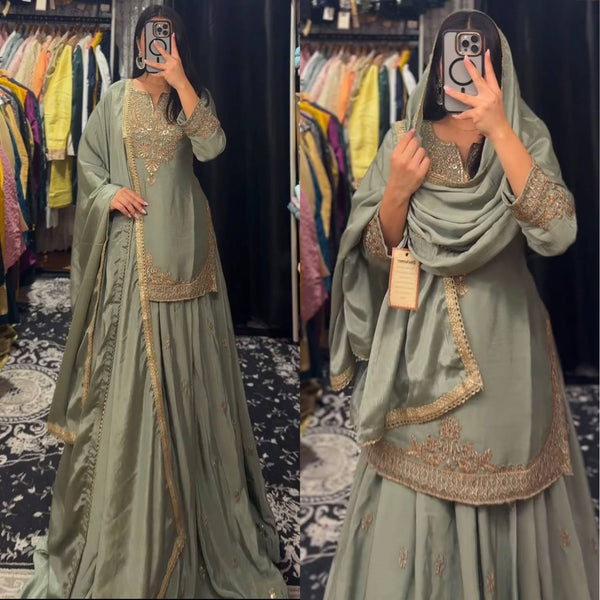 Embroidered Green Silk Lehenga Choli with Dupatta