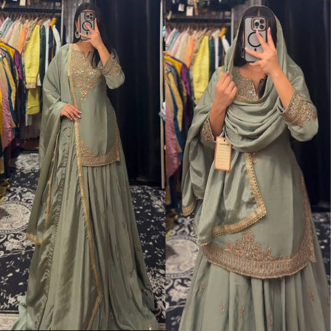 Embroidered Green Silk Lehenga Choli with Dupatta