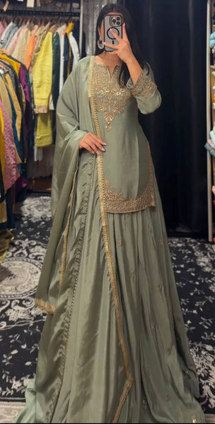 Embroidered Green Silk Lehenga Choli with Dupatta