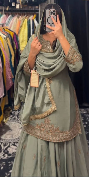 Embroidered Green Silk Lehenga Choli with Dupatta