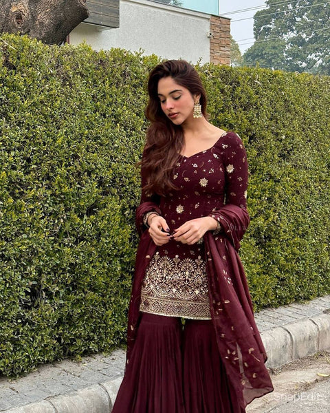 Regal Wine Embroidered Sharara Suit for Wedding & Festive Wear