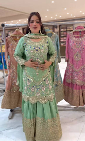 Pista Green Embroidered Sharara Suit