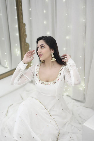 White Georgette Full Length Anarkali Suit with Dupatta