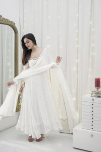 White Georgette Full Length Anarkali Suit with Dupatta