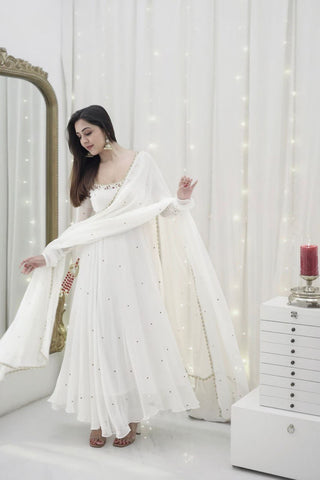 White Georgette Full Length Anarkali Suit with Dupatta