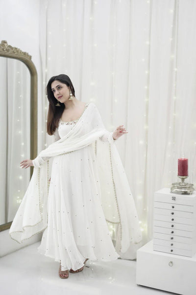White Georgette Full Length Anarkali Suit with Dupatta
