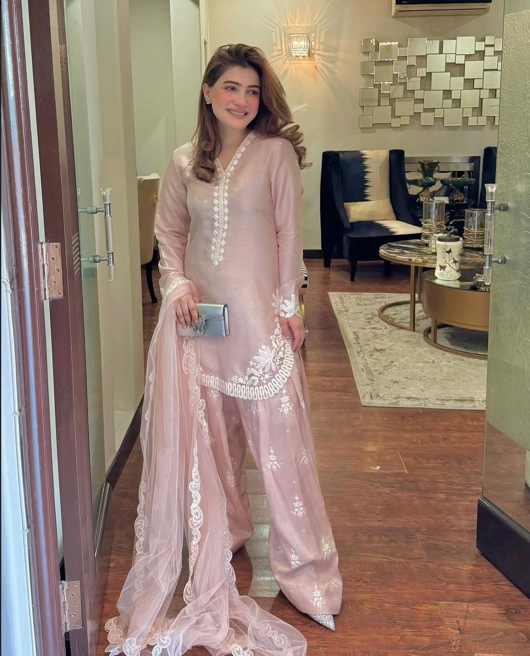 Lavish Pink Embroidered Farshi Salwar Suit with Tissue Silk Dupatta