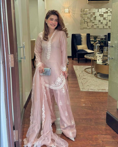 Lavish Pink Embroidered Farshi Salwar Suit with Tissue Silk Dupatta