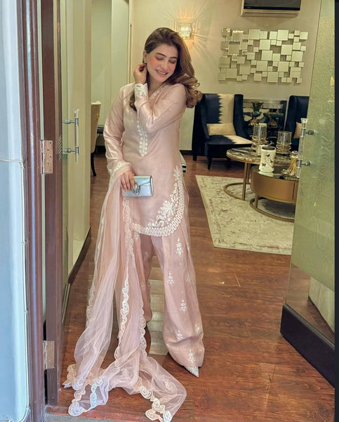 Lavish Pink Embroidered Farshi Salwar Suit with Tissue Silk Dupatta