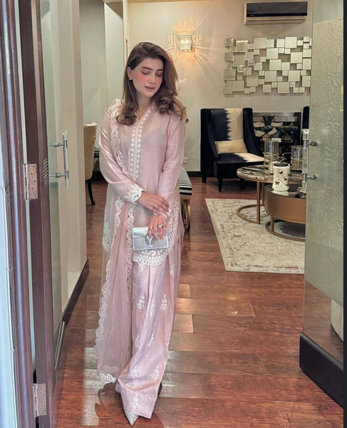 Lavish Pink Embroidered Farshi Salwar Suit with Tissue Silk Dupatta