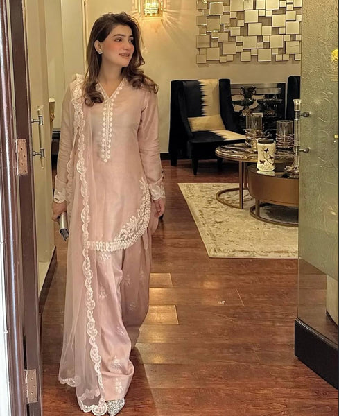 Lavish Pink Embroidered Farshi Salwar Suit with Tissue Silk Dupatta