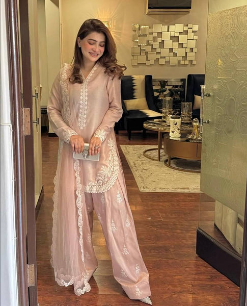 Lavish Pink Embroidered Farshi Salwar Suit with Tissue Silk Dupatta